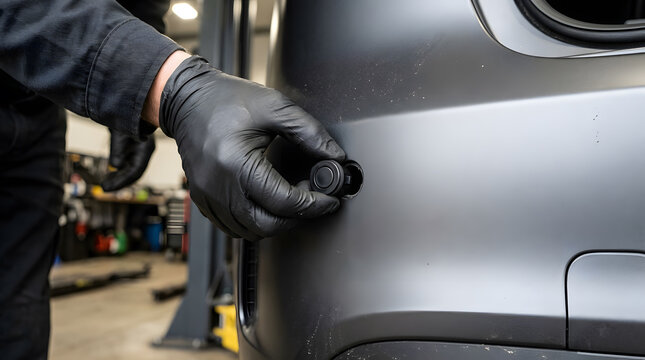 Auto Technician Installing Ultrasonic Parking Sensor On Car Bumper | Mechanic Fitting Black Parking Assist Sensor In Bumper | Mechanic Hands Installing Vehicle Safety Sensor