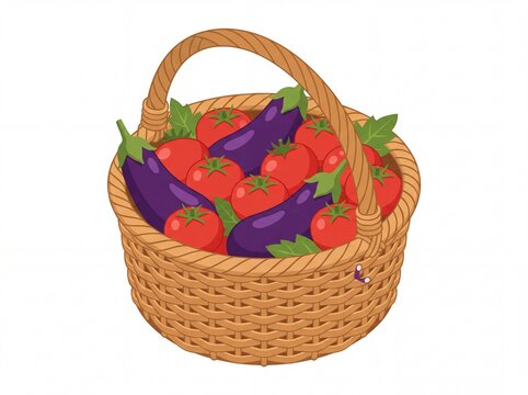 Fresh tomatoes and eggplants in a woven wicker basket
