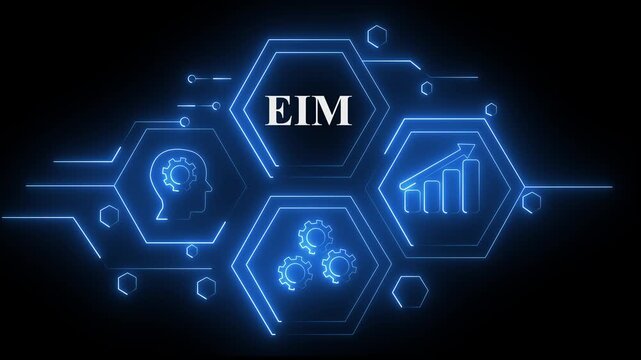 Abstract neon Hud knowledge ability business gear icon Glowing neon line concept. Glowing "EIM" button in German on a futuristic, abstract wave technology on black background.