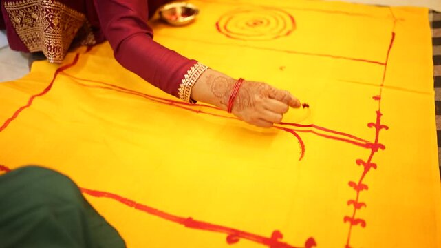 Indian woman drawing traditional turmeric patterns for a wedding in Ghaziabad