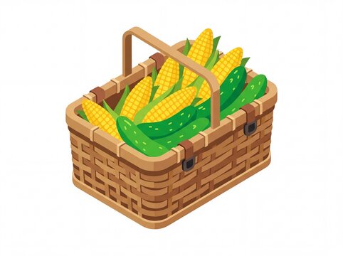 Isometric wicker basket filled with fresh corn and cucumbers