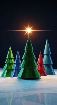 Modern geometric Christmas trees are set against a dark snowy night sky with a brilliant radiant star shining above the lowpoly landscape, dark sky, snow, backdrop