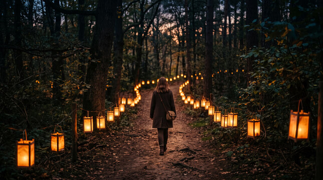 Woman walking path illuminated by lanterns in twilight forest