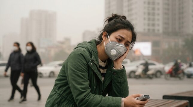 Young Woman Wearing Mask In Smoggy City Environment
