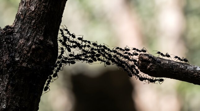 Black ants linking bodies to form living bridge between tree branches teamwork cooperation concept