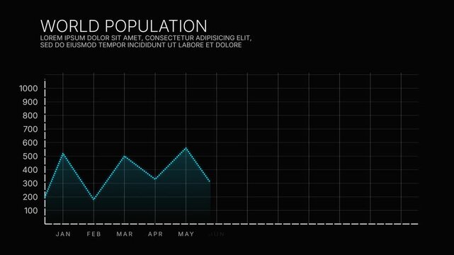 Glowing cyan area chart drawing on monthly grid with black background, statistics graph animation, data growth infographic for business presentation