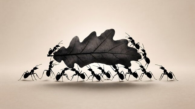 Studio graphic cutout of multiple black ants lifting heavy oak leaf together teamwork concept