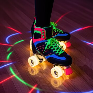 Vibrant roller skates with glowing wheels glide across a glossy hardwood floor under dazzling neon lights and colorful disco reflections, lifestyle, lights, leisure