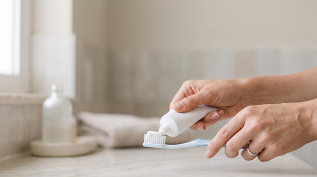 Person applying toothpaste onto toothbrush for morning dental hygiene routine