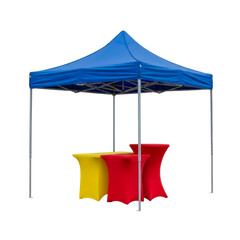 Blue pop up event tent with red and yellow cocktail tables for outdoor party isolated on white background © MDMOHE