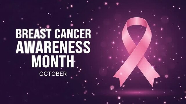 October Breast Cancer Awareness Month Banner with Pink Ribbon and Sparkles
