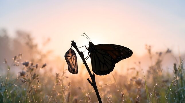 Butterfly resting near chrysalis cocoon on stem at warm glowing sunset transformation concept
