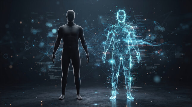 Conceptual contrast between solid human figure and glowing digital persona.