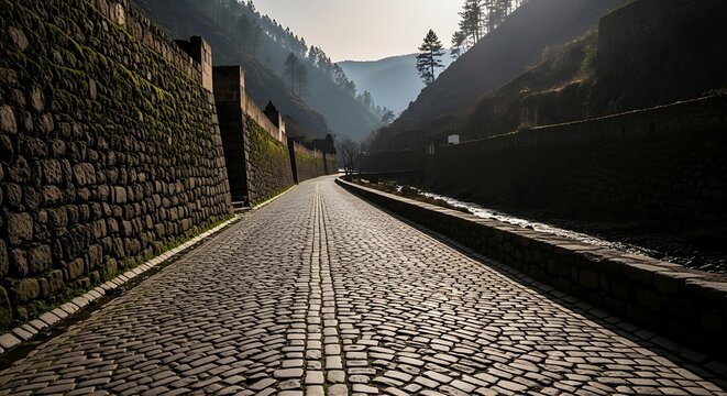 Ancient cobblestone road winding between mossy stone walls and hills