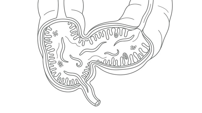 Medical Illustration of Parasitic Worms Infection in Human Intestine Line Art