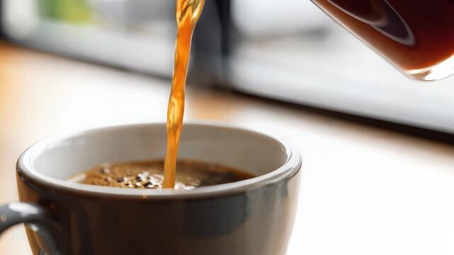 Pouring fresh black coffee from glass pitcher into a dark cup