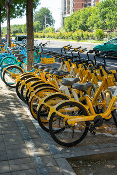 Teal and Yellow  DiDi Qingju Shared Bicycles Parked Along Urban Sidewalk for Public Bike Rental