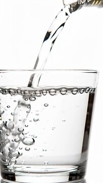 Pure Water Pouring into a Clear Glass with Splashes and Bubbles Isolated on White Background