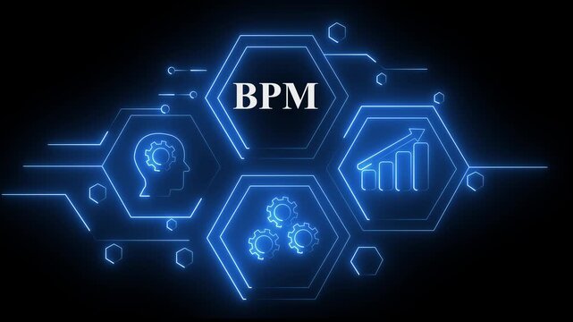 Abstract neon Hud knowledge ability business gear icon Glowing neon line concept. Glowing "BPM" button in German on a futuristic, abstract wave technology on black background. 