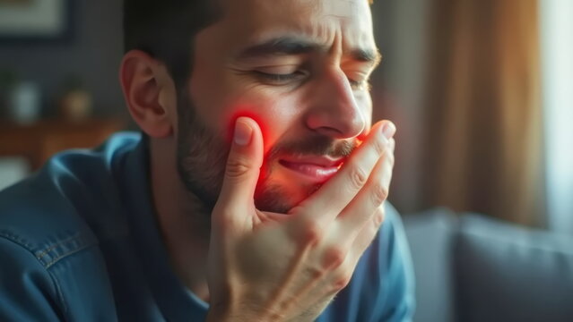 A bearded man at home holds his cheek due to throbbing toothache.