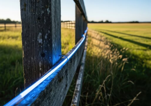 A high-speed fiber optic cable glowing with blue light next to a rustic wooden fence in a rural field, showing internet connectivity, remote, system, light