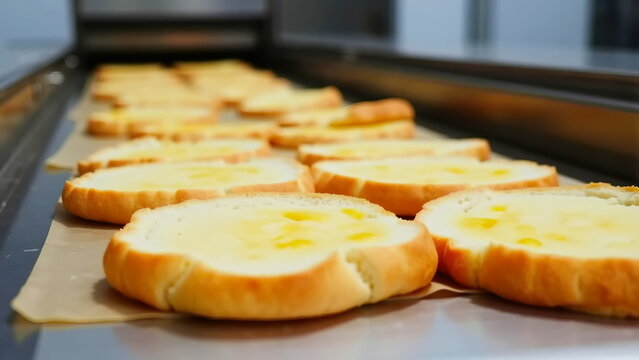 Sliced buns with egg yolk are being produced on the bakery assembly line.