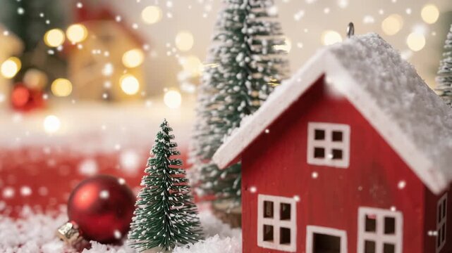 Miniature red wooden house in artificial snow with small pine trees and Christmas ornaments on red background