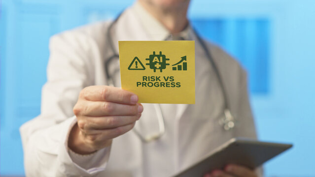 Medical professional in a lab coat holding a note illustrating the dilemma between the risk and progress of artificial intelligence, with an icon showing ai, a warning, and a growth chart