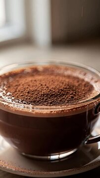 Cocoa powder being sprinkled over hot chocolate