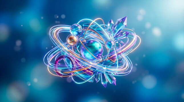 Abstract atom model with orbiting rings and crystal structures