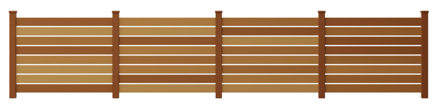 This scene showcases a fence from the front view. The fence consists of horizontal wooden slats and vertical posts. It stands alone on a clear background without any other elements present