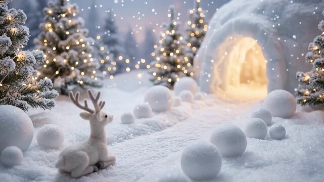 Cute toy reindeer sitting in a magical snowy winter landscape with a glowing igloo and decorated Christmas trees