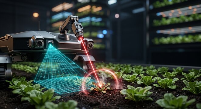 Autonomous agritech robotics rover using AI machine vision and laser to eradicate weeds in modern smart farming greenhouse