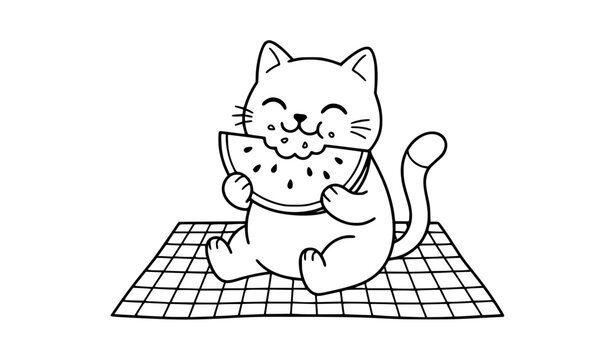 Black and white cartoon cat eating watermelon on picnic blanket, cute summer line art vector illustration