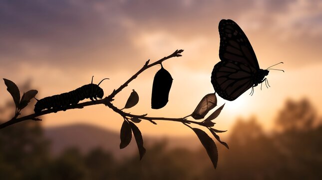 Silhouetted tree branch showing butterfly metamorphosis stages caterpillar chrysalis cocoon and butterfly emergence