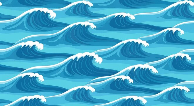 A seamless repeating pattern featuring fluid blue ocean waves with soft white foam crests on a calm turquoise background for summer decor, ripple, illustration, repeat