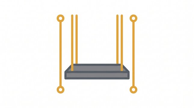 Minimalist swing icon illustration, flat vector playground equipment, hanging wooden seat with yellow ropes, isolated on white background for web design