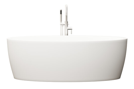 A clean, isolated bathtub is displayed from the front. The structure is simple and round. There is a faucet attached to the side. This is a 3D render