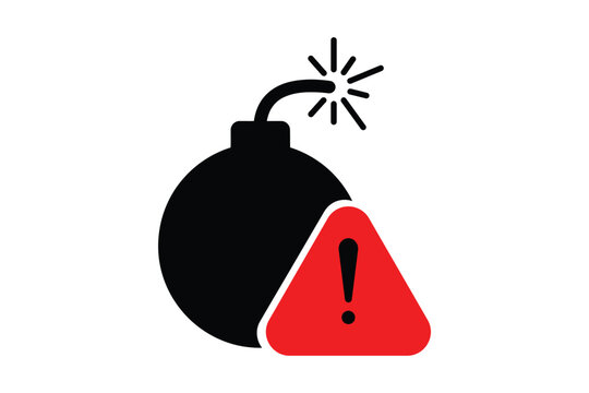 Black bomb silhouette icon with red warning sign and fuse spark danger icon red triangle explosive detonation destructive security terrorism