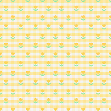 Cute Yellow Tulip Gingham Seamless Pattern with Pastel Checkered Background