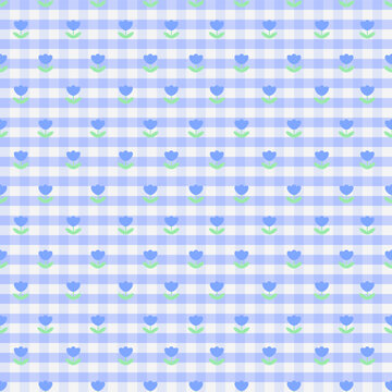 Cute Blue Tulip Gingham Seamless Pattern with Pastel Checkered Background
