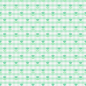Cute Mint Green Tulip Gingham Seamless Pattern with Pastel Checkered Background