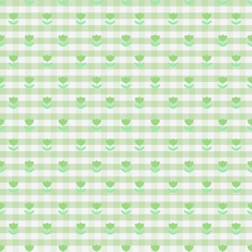 Cute Light Green Tulip Gingham Seamless Pattern with Pastel Checkered Background