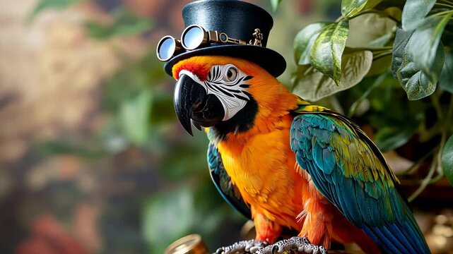 Steampunk parrot with colorful feathers and top hat in vintage setting