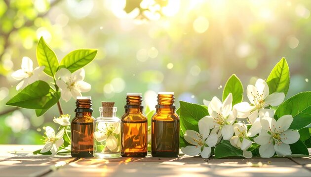 Essential oil bottles with white flowers in natural sunlight