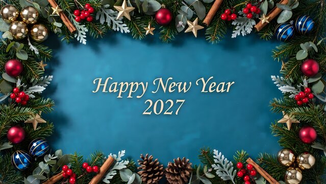 Happy New Year 2027 greeting card background. Festive border with pine branches red berries golden baubles and cinnamon sticks. Flat lay design