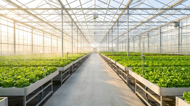 Greenhouse interior features rows of fresh green lettuce growing on hydroponic tables under a bright glass roof.