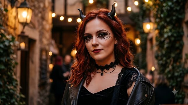 Young woman in devil costume with horns and spiderweb makeup for halloween