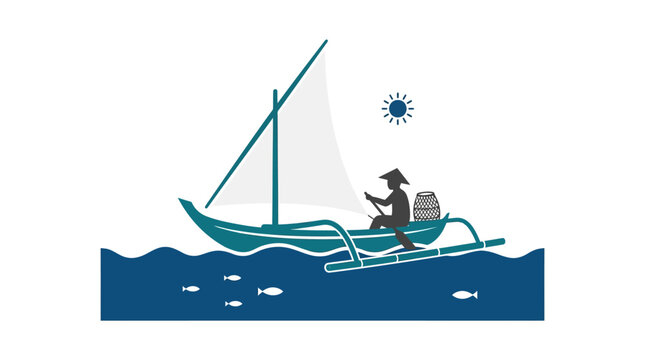 Traditional fisherman sailing in a boat on the sea with a fish trap.