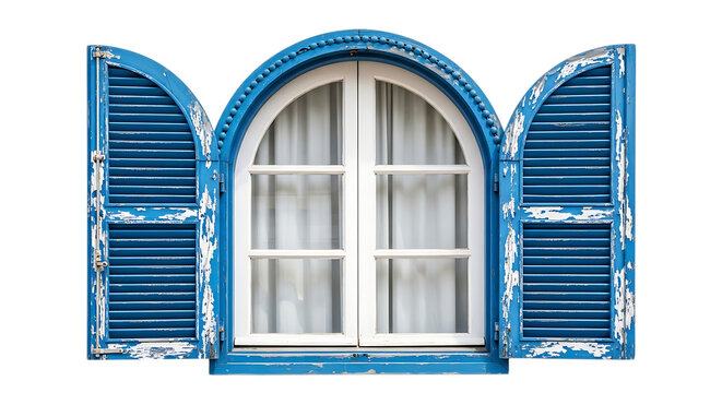 An arched wooden window with open blue shutters featuring weathered paint and white curtains visible inside on a transparent background, for architecture isolated on a transparent background